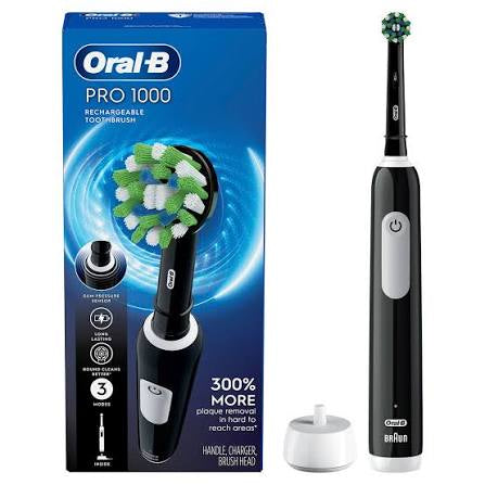 Oral-B Pro 1000 rechargeable electric toothbrush in black with charger and brush head