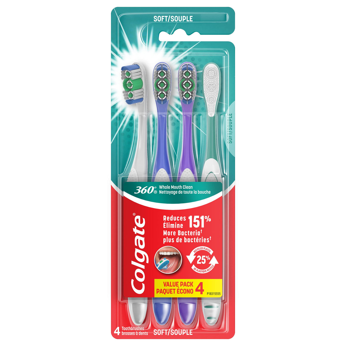 Colgate 360 Whole Mouth Clean soft toothbrushes, value pack of 4