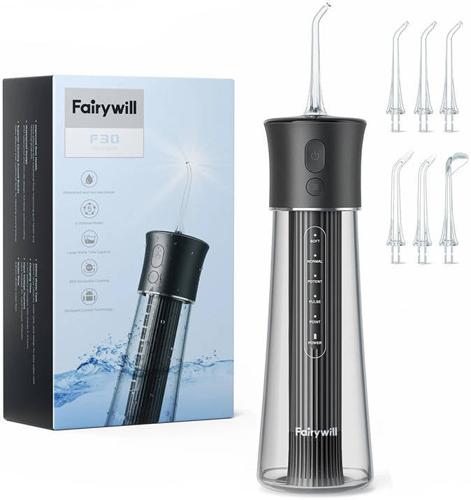 Fairywill F30 cordless water flosser in black with box and six jet tips