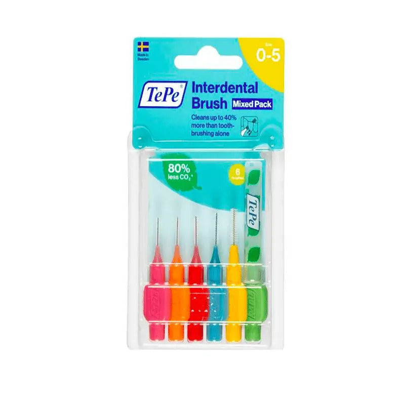 TePe interdental brushes mixed pack, sizes 0 to 5, six colourful brushes